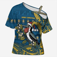 Nauru Christmas Cross Shoulder Shirt Frigatebird Bird Santa Tribal Waves DT05 Female Deep Blue - Polynesian Pride