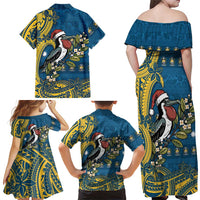 Nauru Christmas Family Matching Off Shoulder Maxi Dress and Hawaiian Shirt Frigatebird Bird Santa Tribal Waves - Polynesian Pride