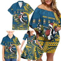 Nauru Christmas Family Matching Off Shoulder Short Dress and Hawaiian Shirt Frigatebird Bird Santa Tribal Waves - Polynesian Pride