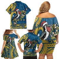Nauru Christmas Family Matching Off Shoulder Short Dress and Hawaiian Shirt Frigatebird Bird Santa Tribal Waves - Polynesian Pride