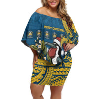 Nauru Christmas Family Matching Off Shoulder Short Dress and Hawaiian Shirt Frigatebird Bird Santa Tribal Waves - Polynesian Pride