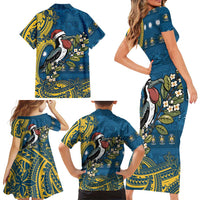Nauru Christmas Family Matching Short Sleeve Bodycon Dress and Hawaiian Shirt Frigatebird Bird Santa Tribal Waves - Polynesian Pride