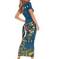 Nauru Christmas Family Matching Short Sleeve Bodycon Dress and Hawaiian Shirt Frigatebird Bird Santa Tribal Waves - Polynesian Pride