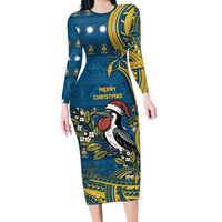 Nauru Christmas Long Sleeve Bodycon Dress Frigatebird Bird Santa Tribal Waves - Polynesian Pride