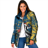Nauru Christmas Padded Jacket Frigatebird Bird Santa Tribal Waves DT05 Women Deep Blue - Polynesian Pride
