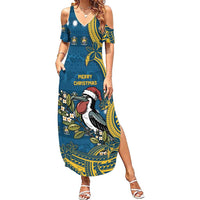Nauru Christmas Summer Maxi Dress Frigatebird Bird Santa Tribal Waves DT05 Women Deep Blue - Polynesian Pride