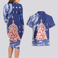 Northern Mariana Islands Christmas Couples Matching Long Sleeve Bodycon Dress and Hawaiian Shirt Seashell Xmas Tree Tribal Waves - Polynesian Pride