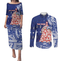 Northern Mariana Islands Christmas Couples Matching Puletasi and Long Sleeve Button Shirt Seashell Xmas Tree Tribal Waves - Polynesian Pride