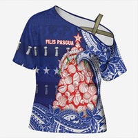 Northern Mariana Islands Christmas Cross Shoulder Shirt Seashell Xmas Tree Tribal Waves DT05 Female Navy - Polynesian Pride
