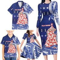 Northern Mariana Islands Christmas Family Matching Long Sleeve Bodycon Dress and Hawaiian Shirt Seashell Xmas Tree Tribal Waves - Polynesian Pride
