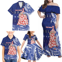 Northern Mariana Islands Christmas Family Matching Off Shoulder Maxi Dress and Hawaiian Shirt Seashell Xmas Tree Tribal Waves - Polynesian Pride