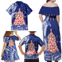 Northern Mariana Islands Christmas Family Matching Off Shoulder Maxi Dress and Hawaiian Shirt Seashell Xmas Tree Tribal Waves - Polynesian Pride