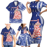 Northern Mariana Islands Christmas Family Matching Short Sleeve Bodycon Dress and Hawaiian Shirt Seashell Xmas Tree Tribal Waves - Polynesian Pride