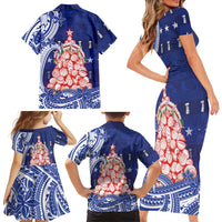 Northern Mariana Islands Christmas Family Matching Short Sleeve Bodycon Dress and Hawaiian Shirt Seashell Xmas Tree Tribal Waves - Polynesian Pride