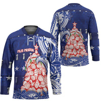 Northern Mariana Islands Christmas Hockey Jersey Seashell Xmas Tree Tribal Waves DT05 - Polynesian Pride
