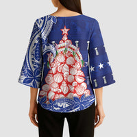Northern Mariana Islands Christmas Kimono Sleeve Blouse Seashell Xmas Tree Tribal Waves DT05 - Polynesian Pride