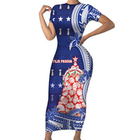 Northern Mariana Islands Christmas Short Sleeve Bodycon Dress Seashell Xmas Tree Tribal Waves DT05 Long Dress Navy - Polynesian Pride