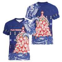 Northern Mariana Islands Christmas Women V-Neck T-Shirt Seashell Xmas Tree Tribal Waves DT05 - Polynesian Pride