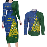 Solomon Islands Christmas Couples Matching Long Sleeve Bodycon Dress and Long Sleeve Button Shirt Seashell Xmas Tree Tribal Waves - Polynesian Pride