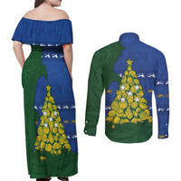Solomon Islands Christmas Couples Matching Off Shoulder Maxi Dress and Long Sleeve Button Shirt Seashell Xmas Tree Tribal Waves DT05 - Polynesian Pride