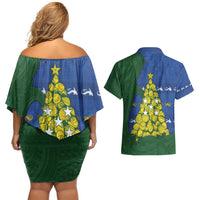 Solomon Islands Christmas Couples Matching Off Shoulder Short Dress and Hawaiian Shirt Seashell Xmas Tree Tribal Waves - Polynesian Pride