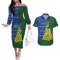 Solomon Islands Christmas Couples Matching Off The Shoulder Long Sleeve Dress and Hawaiian Shirt Seashell Xmas Tree Tribal Waves - Polynesian Pride