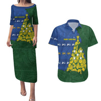 Solomon Islands Christmas Couples Matching Puletasi and Hawaiian Shirt Seashell Xmas Tree Tribal Waves DT05 Navy - Polynesian Pride