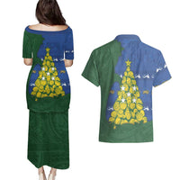 Solomon Islands Christmas Couples Matching Puletasi and Hawaiian Shirt Seashell Xmas Tree Tribal Waves DT05 - Polynesian Pride