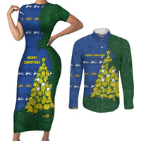 Solomon Islands Christmas Couples Matching Short Sleeve Bodycon Dress and Long Sleeve Button Shirt Seashell Xmas Tree Tribal Waves - Polynesian Pride