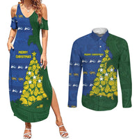 Solomon Islands Christmas Couples Matching Summer Maxi Dress and Long Sleeve Button Shirt Seashell Xmas Tree Tribal Waves DT05 Navy - Polynesian Pride
