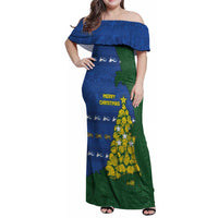 Solomon Islands Christmas Family Matching Off Shoulder Maxi Dress and Hawaiian Shirt Seashell Xmas Tree Tribal Waves - Polynesian Pride