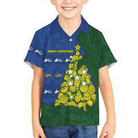 Solomon Islands Christmas Family Matching Off Shoulder Short Dress and Hawaiian Shirt Seashell Xmas Tree Tribal Waves - Polynesian Pride