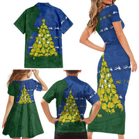 Solomon Islands Christmas Family Matching Short Sleeve Bodycon Dress and Hawaiian Shirt Seashell Xmas Tree Tribal Waves - Polynesian Pride