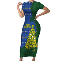 Solomon Islands Christmas Short Sleeve Bodycon Dress Seashell Xmas Tree Tribal Waves DT05 Long Dress Navy - Polynesian Pride