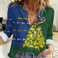 Solomon Islands Christmas Women Casual Shirt Seashell Xmas Tree Tribal Waves - Polynesian Pride