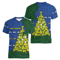 Solomon Islands Christmas Women V-Neck T-Shirt Seashell Xmas Tree Tribal Waves DT05 - Polynesian Pride