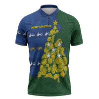 Solomon Islands Christmas Zipper Polo Shirt Seashell Xmas Tree Tribal Waves DT05 Navy - Polynesian Pride