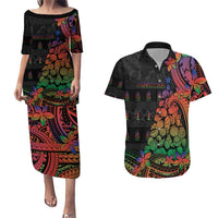 New Caledonia Christmas Couples Matching Puletasi and Hawaiian Shirt Seashell Xmas Tree Tribal Waves DT05 Black - Polynesian Pride