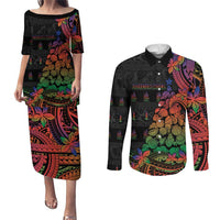 New Caledonia Christmas Couples Matching Puletasi and Long Sleeve Button Shirt Seashell Xmas Tree Tribal Waves DT05 Black - Polynesian Pride