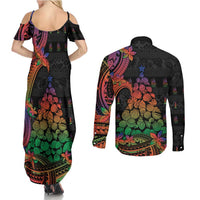 New Caledonia Christmas Couples Matching Summer Maxi Dress and Long Sleeve Button Shirt Seashell Xmas Tree Tribal Waves DT05 - Polynesian Pride