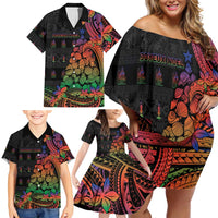 New Caledonia Christmas Family Matching Off Shoulder Short Dress and Hawaiian Shirt Seashell Xmas Tree Tribal Waves - Polynesian Pride