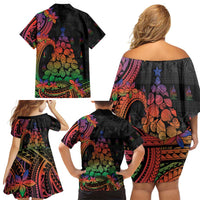 New Caledonia Christmas Family Matching Off Shoulder Short Dress and Hawaiian Shirt Seashell Xmas Tree Tribal Waves - Polynesian Pride