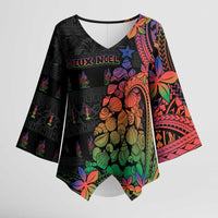 New Caledonia Christmas Kimono Sleeve Blouse Seashell Xmas Tree Tribal Waves DT05 Female Black - Polynesian Pride