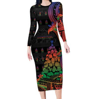 New Caledonia Christmas Long Sleeve Bodycon Dress Seashell Xmas Tree Tribal Waves DT05 Long Dress Black - Polynesian Pride
