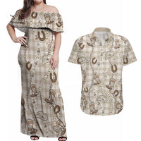 Hawaii Palaka Cowboy Couples Matching Off Shoulder Maxi Dress and Hawaiian Shirt Shell Maile Lei With Western Patterns DT05 Beige - Polynesian Pride