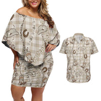 Hawaii Palaka Cowboy Couples Matching Off Shoulder Short Dress and Hawaiian Shirt Shell Maile Lei With Western Patterns DT05 Beige - Polynesian Pride