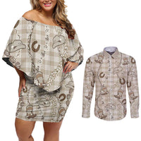 Hawaii Palaka Cowboy Couples Matching Off Shoulder Short Dress and Long Sleeve Button Shirt Shell Maile Lei With Western Patterns - Polynesian Pride
