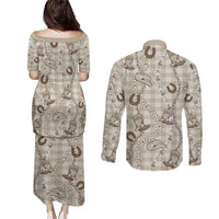 Hawaii Palaka Cowboy Couples Matching Puletasi and Long Sleeve Button Shirt Shell Maile Lei With Western Patterns - Polynesian Pride