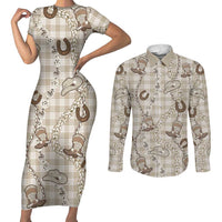 Hawaii Palaka Cowboy Couples Matching Short Sleeve Bodycon Dress and Long Sleeve Button Shirt Shell Maile Lei With Western Patterns DT05 Beige - Polynesian Pride