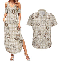 Hawaii Palaka Cowboy Couples Matching Summer Maxi Dress and Hawaiian Shirt Shell Maile Lei With Western Patterns DT05 Beige - Polynesian Pride
